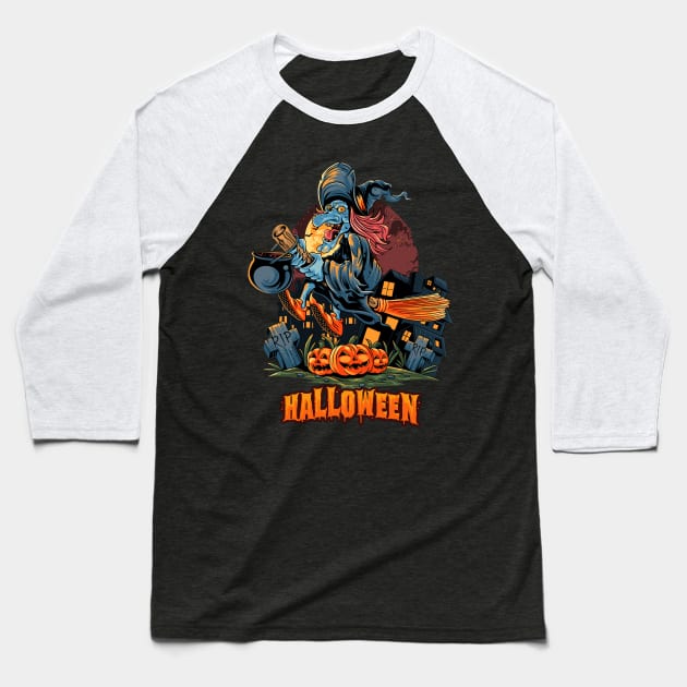 Halloween Scary  Witch Design Baseball T-Shirt by Mako Design 